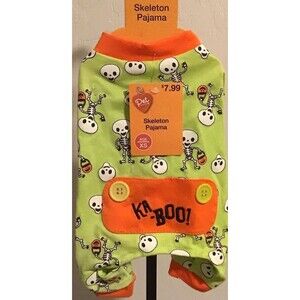 PET CENTRAL Skeleton KA-BOO Dog Pajamas Size X-SMALL Green/Orange Halloween NEW